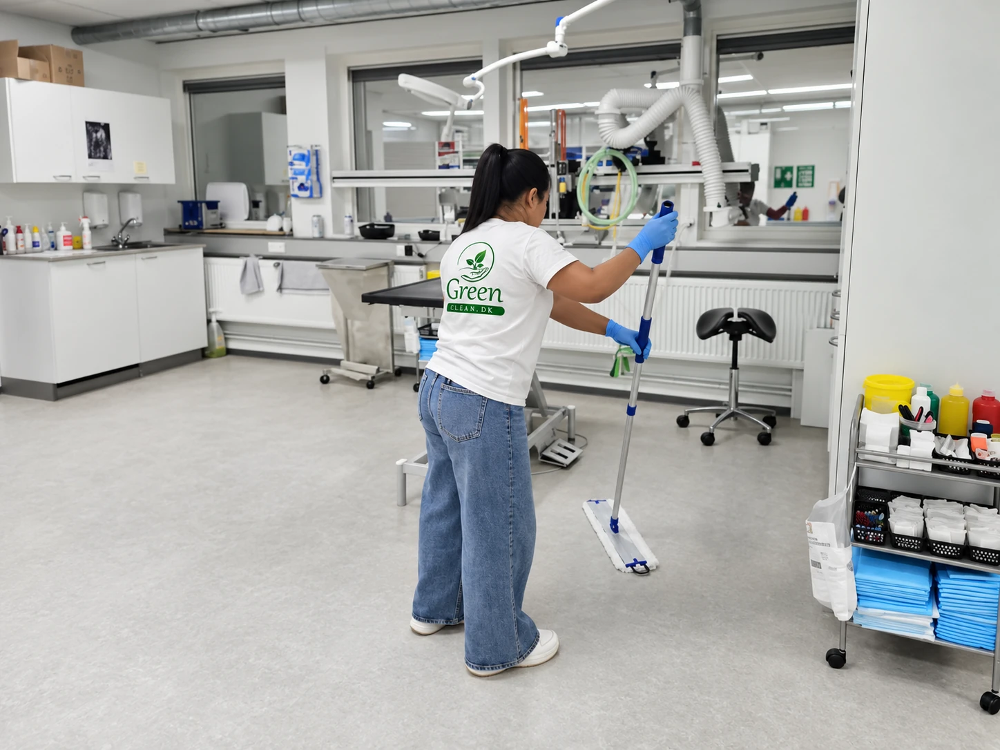Person i hvid GreenClean T-shirt gør rent i en klinik.