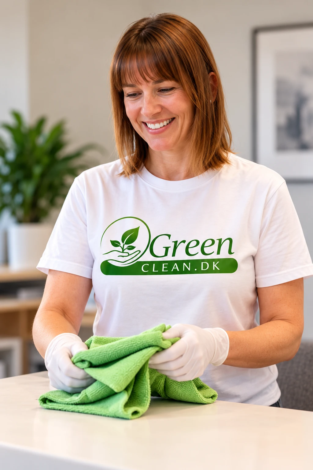 Smilende rengøringsassistent med grøn klud og hvid GreenClean T-shirt.