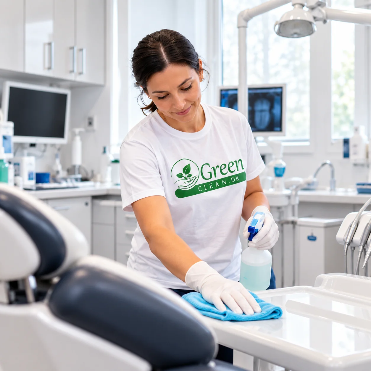 GreenClean-medarbejder rengør en behandlingsstol med blå klud i en tandklinik.