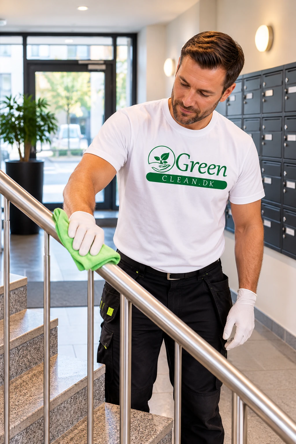 Rengøringsassistent med GreenClean T-shirt tørrer et trappegelænder af.